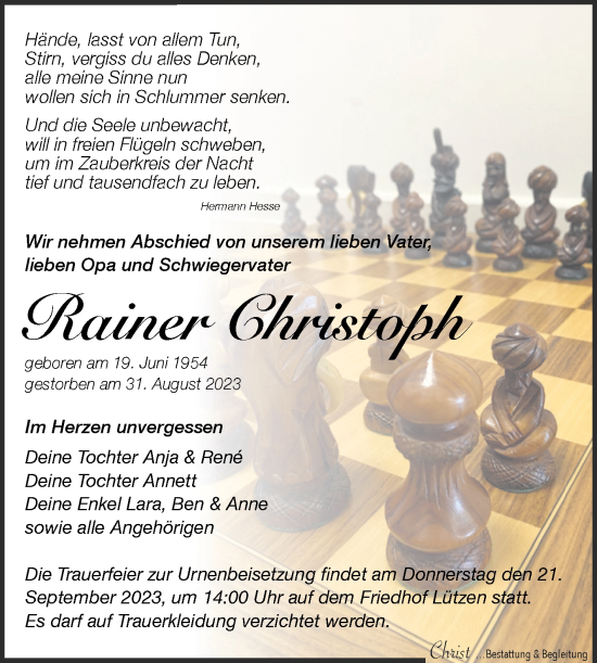 Traueranzeige von Rainer Christoph von Trauerkombi Weißenfels