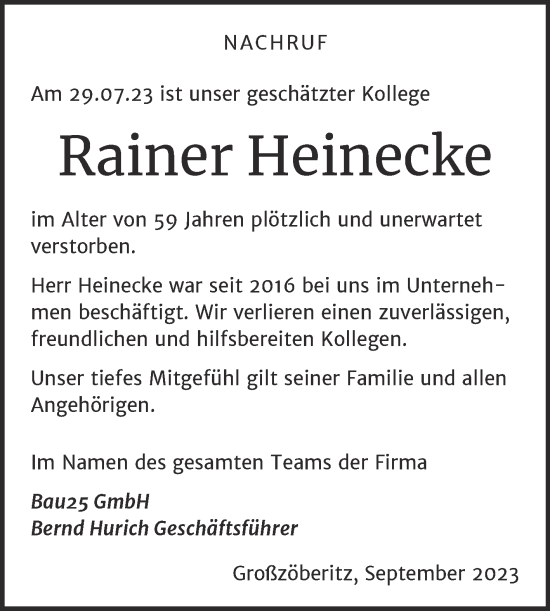 Traueranzeige von Rainer Heinecke von Mitteldeutsche Zeitung Bernburg