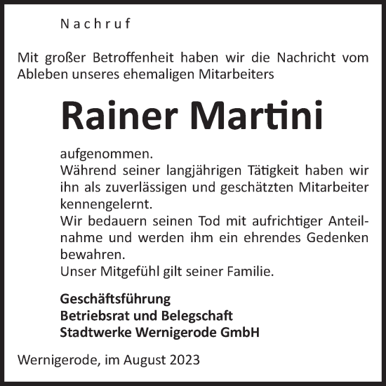 Traueranzeige von Rainer Martini von Volksstimme Wernigerode
