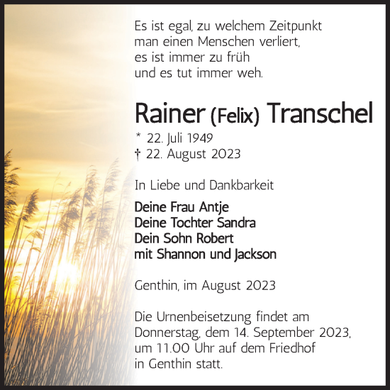 Traueranzeige von Rainer Transchel von Volksstimme Burg/Genthin
