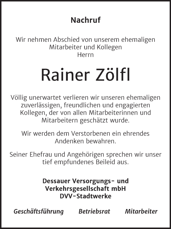 Traueranzeige von Rainer Zölfl von Mitteldeutsche Zeitung Dessau-Roßlau