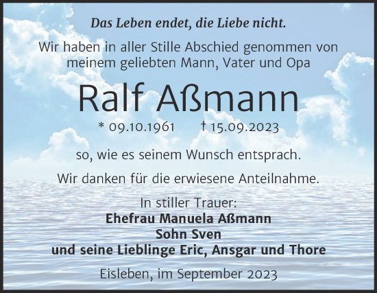 Traueranzeige von Ralf Aßmann von Trauerkombi Mansfelder Land