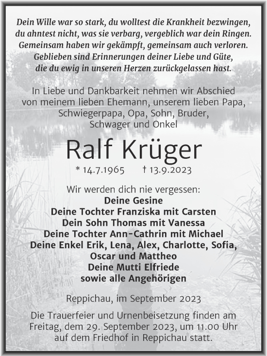 Traueranzeige von Ralf Krüger von Trauerkombi Köthen