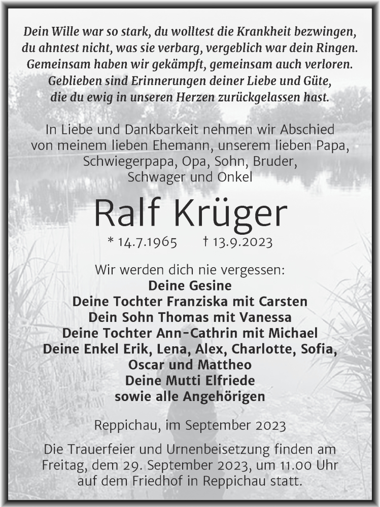  Traueranzeige für Ralf Krüger vom 16.09.2023 aus Trauerkombi Köthen