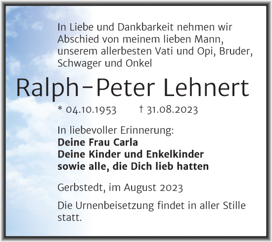 Traueranzeige von Ralph-Peter Lehnert von Trauerkombi Mansfelder Land