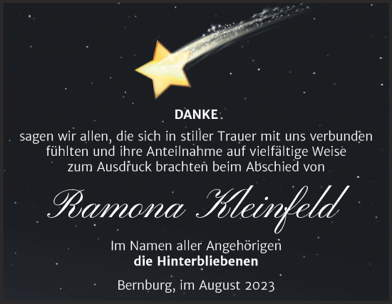 Traueranzeige von Ramona Kleinfeld von Trauerkombi Bernburg