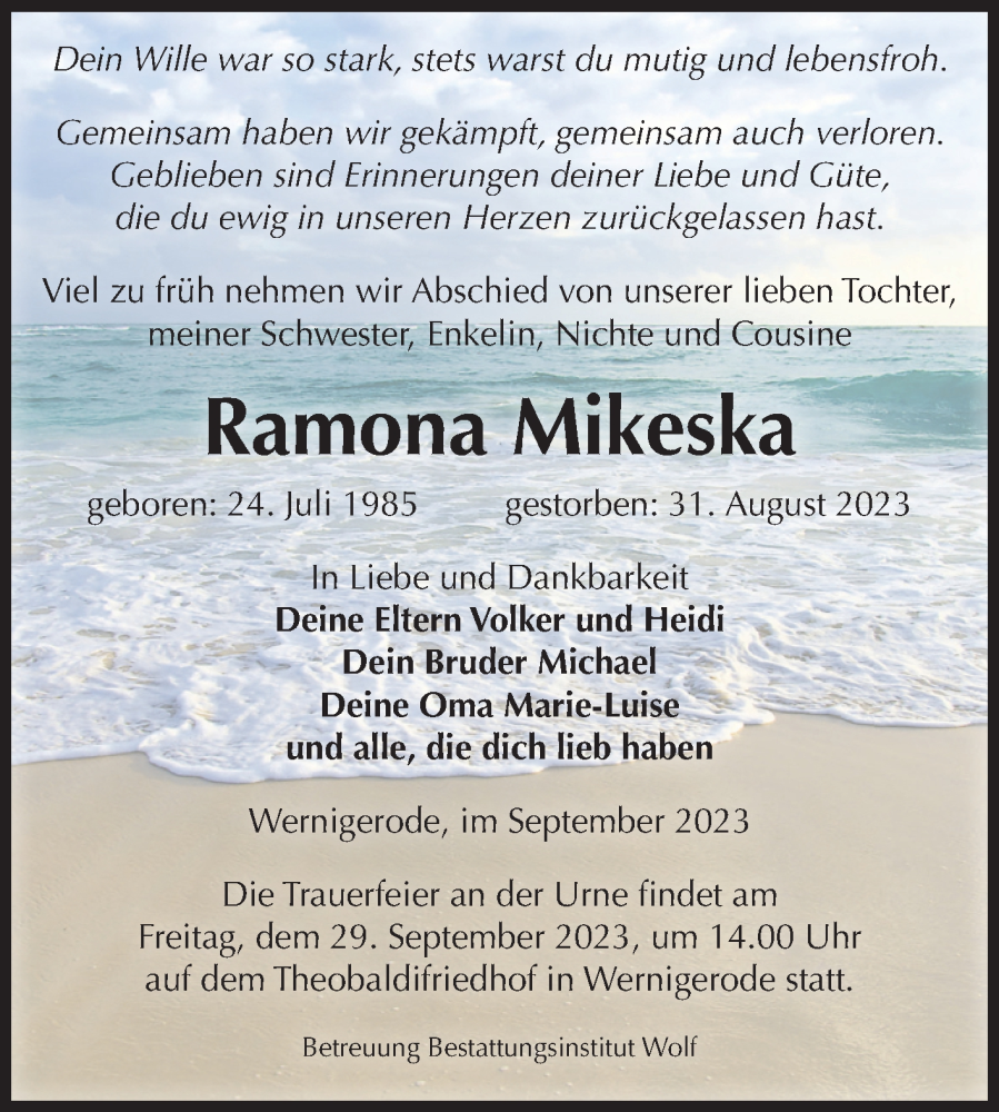  Traueranzeige für Ramona Mikeska vom 09.09.2023 aus Volksstimme Wernigerode