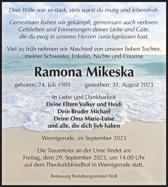 Traueranzeige von Ramona Mikeska von Volksstimme Wernigerode