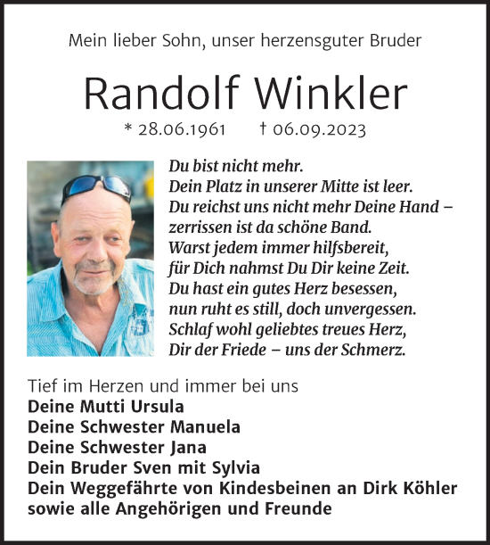 Traueranzeige von Randolf Winkler von Trauerkombi Köthen