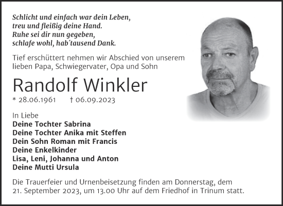 Traueranzeige von Randolf Winkler von Trauerkombi Köthen