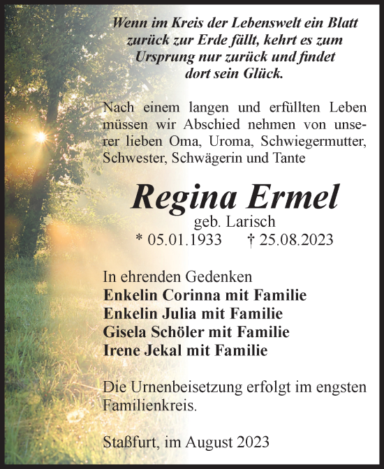 Traueranzeige von Regina Ermel von Volksstimme Staßfurt
