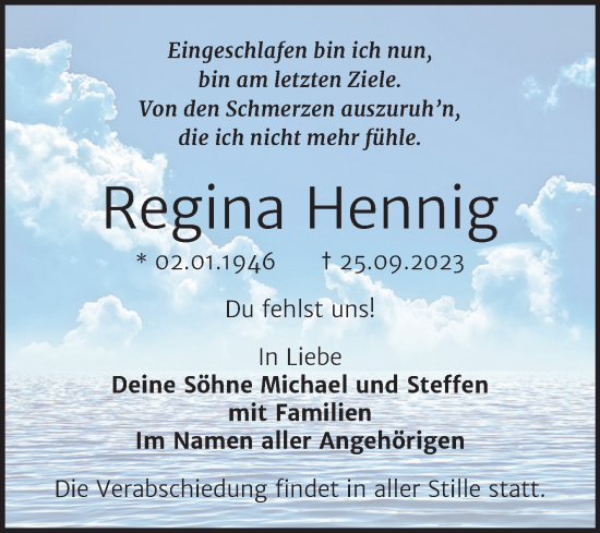 Traueranzeige von Regina Hennig von Trauerkombi Sangerhausen