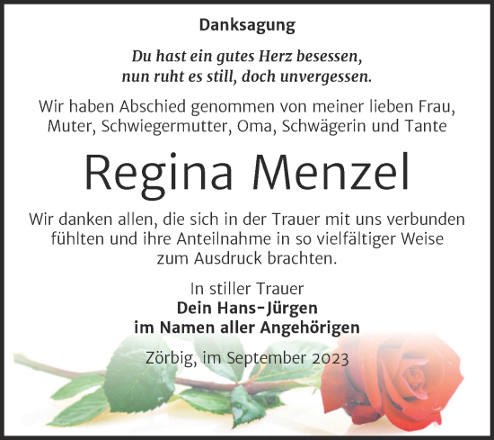 Traueranzeige von Regina Menzel von Trauerkombi Bitterfeld