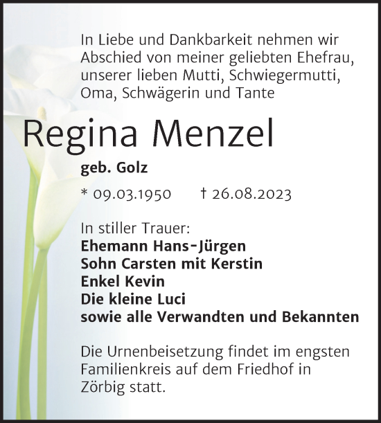 Traueranzeige von Regina Menzel von Trauerkombi Bitterfeld