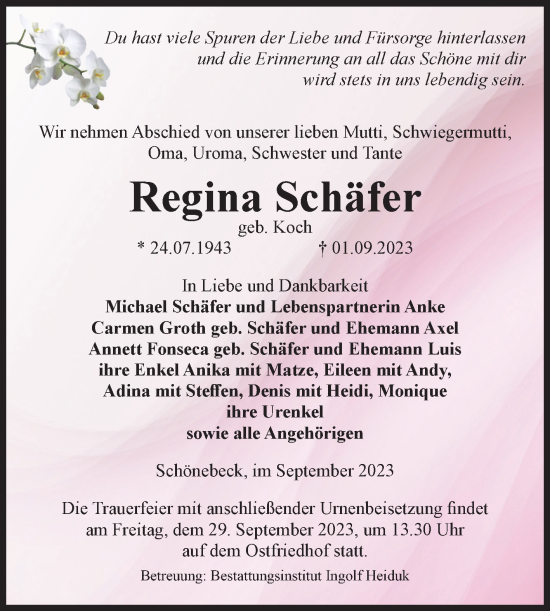Traueranzeige von Regina Schäfer von Volksstimme Schönebeck