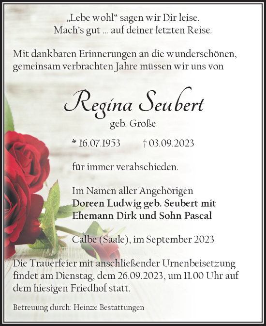 Traueranzeige von Regina Seubert von Volksstimme Schönebeck