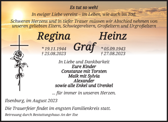 Traueranzeige von Regina und Heinz Graf von Volksstimme Wernigerode