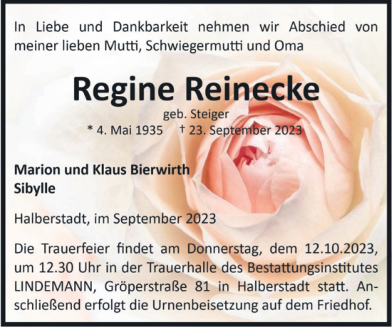 Traueranzeige von Regine Reinecke von Volksstimme Halberstadt