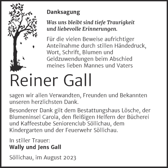 Traueranzeige von Reiner Gall von Trauerkombi Wittenberg