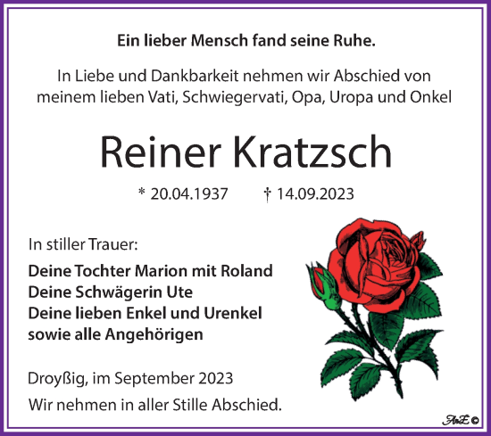 Traueranzeige von Reiner Kratzsch von Trauerkombi Zeitz