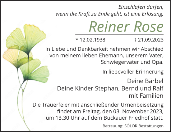 Traueranzeige von Reiner Rose von Volksstimme Magdeburg
