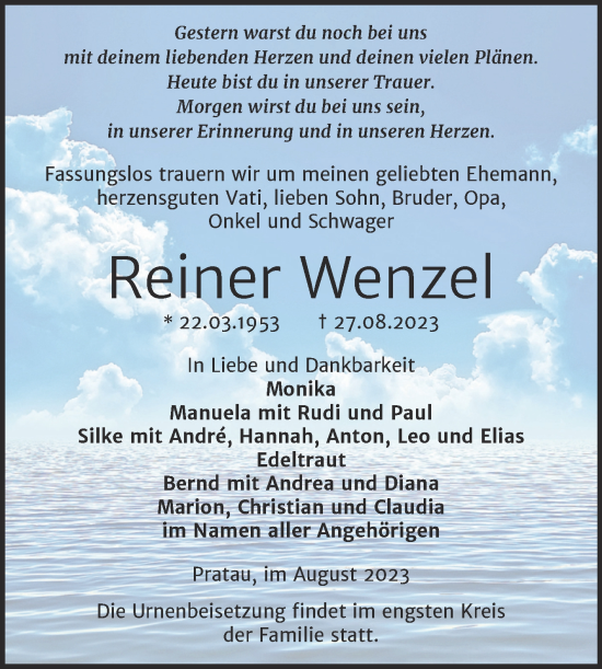 Traueranzeige von Reiner Wenzel von Trauerkombi Wittenberg