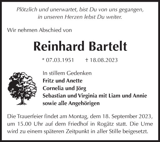 Traueranzeige von Reinhard Bartelt von Volksstimme Haldensleben/Wolmirstedt