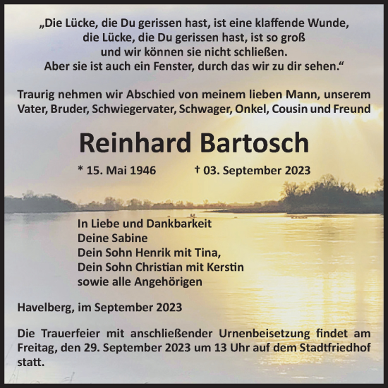 Traueranzeige von Reinhard Bartosch von Volksstimme Altmark Ost