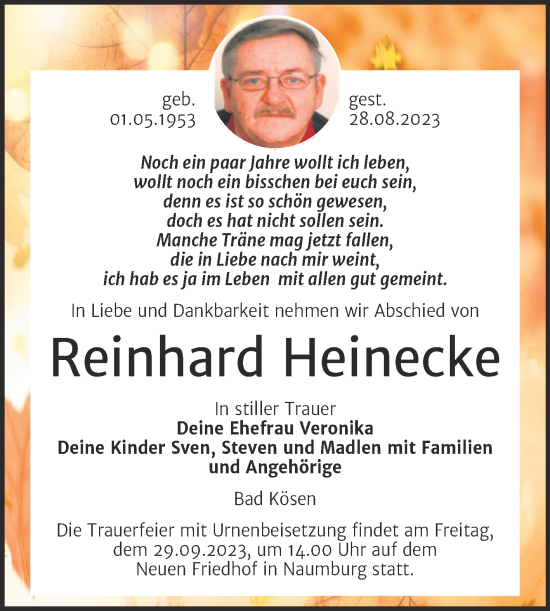 Traueranzeige von Reinhard Heinecke von Wochenspiegel Naumburg/Nebra