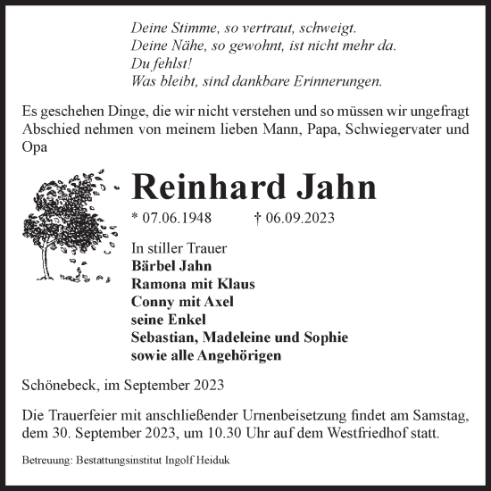 Traueranzeige von Reinhard Jahn von Volksstimme Schönebeck