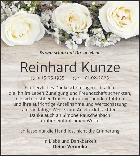 Traueranzeige von Reinhard Kunze von Wochenspiegel Naumburg/Nebra