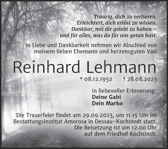 Traueranzeige von Reinhard Lehmann von Trauerkombi Dessau