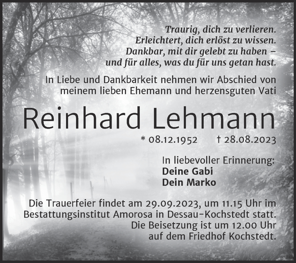  Traueranzeige für Reinhard Lehmann vom 09.09.2023 aus Trauerkombi Dessau