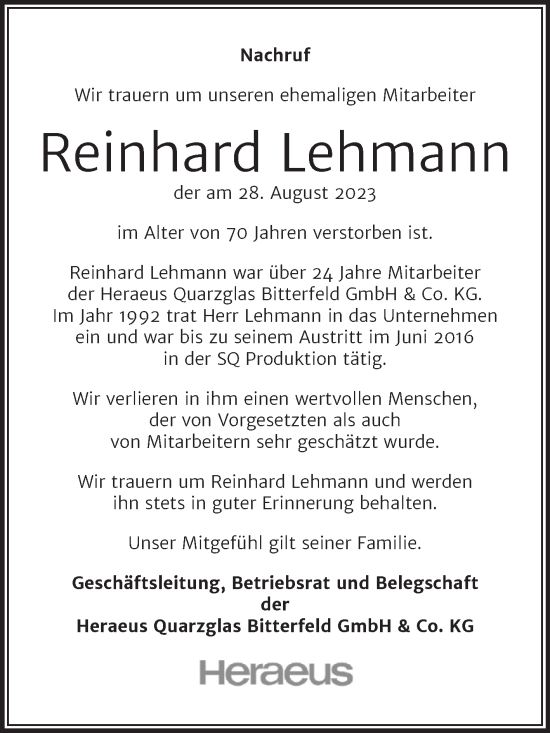 Traueranzeige von Reinhard Lehmann von Wochenspiegel Bitterfeld