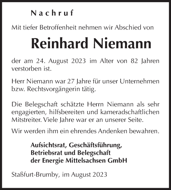 Traueranzeige von Reinhard Niemann von Volksstimme Staßfurt