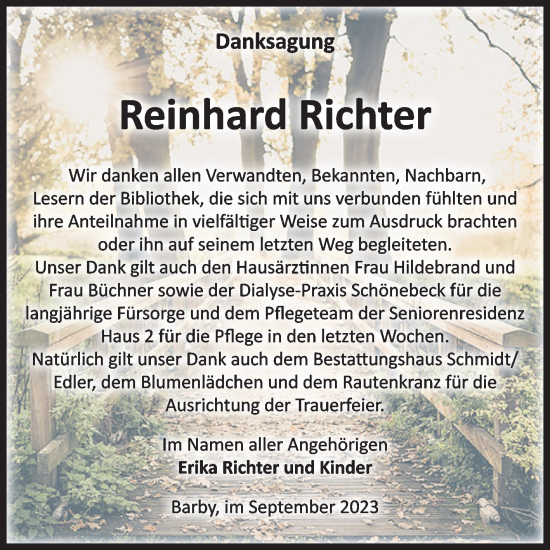 Traueranzeige von Reinhard Richter von Volksstimme Schönebeck