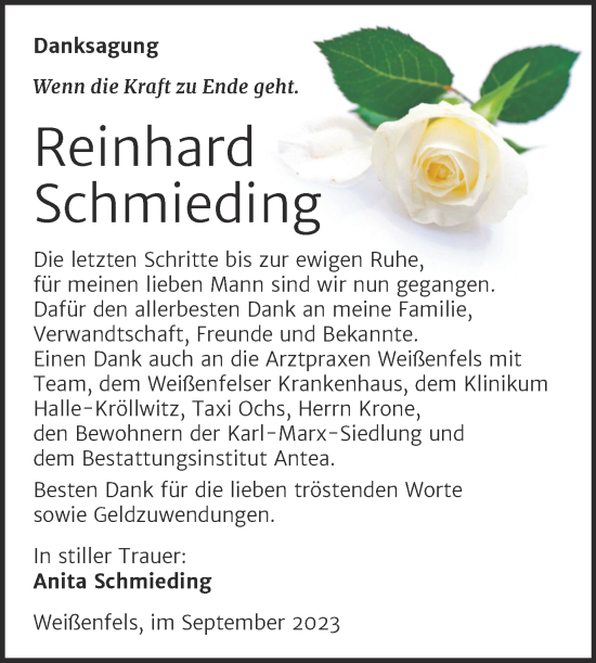 Traueranzeige von Reinhard Schmieding von Trauerkombi Weißenfels