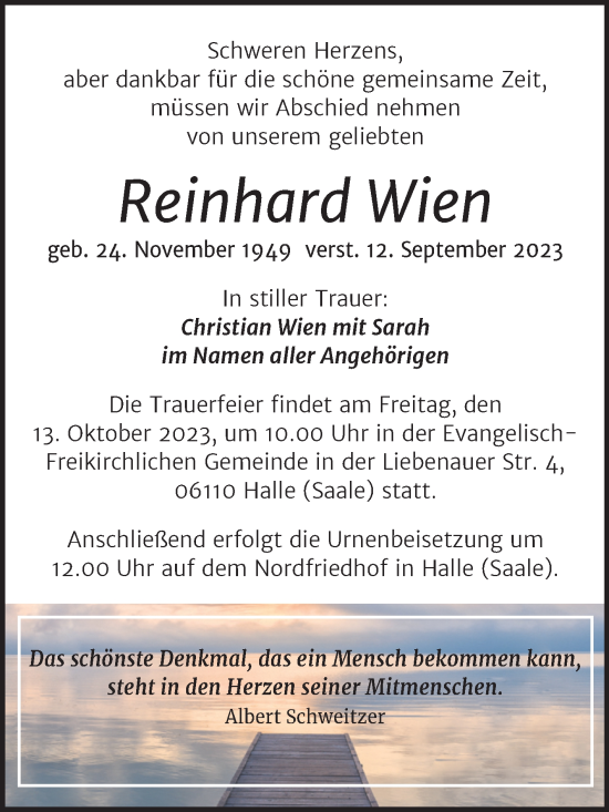 Traueranzeige von Reinhard Wien von Mitteldeutsche Zeitung Halle/Saalkreis