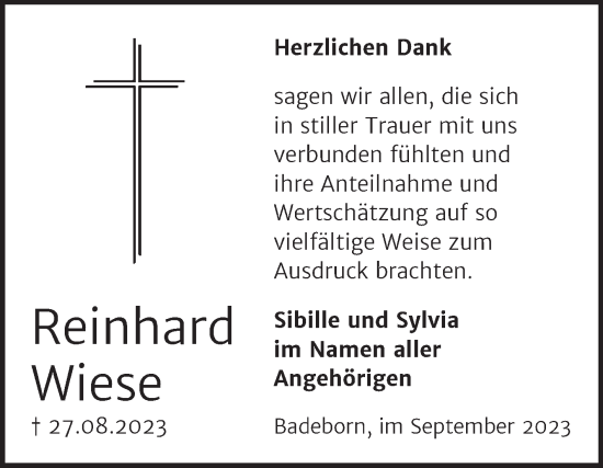 Traueranzeige von Reinhard Wiese von Trauerkombi Quedlinburg