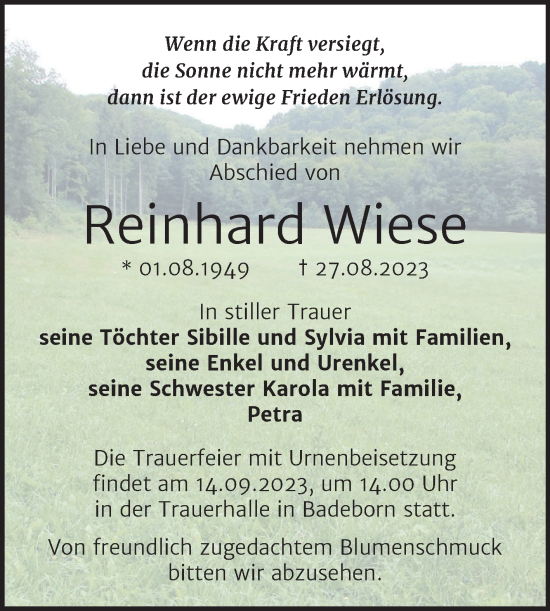 Traueranzeige von Reinhard Wiese von Trauerkombi Quedlinburg