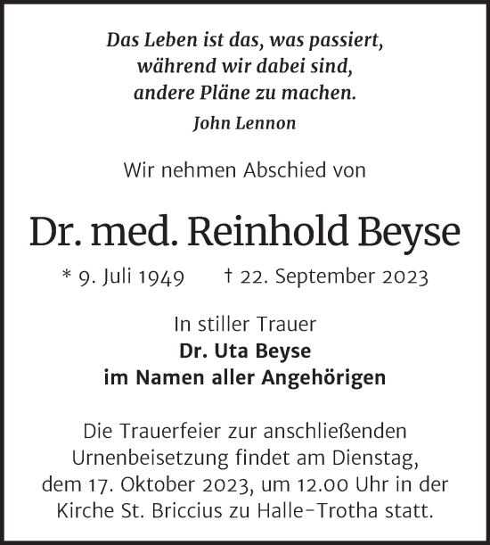 Traueranzeige von Reinhold Beyse von Super Sonntag Sangerhausen