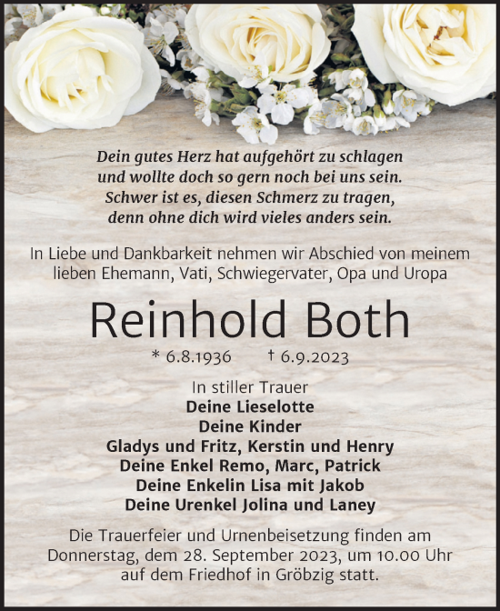 Traueranzeige von Reinhold Both von Trauerkombi Köthen