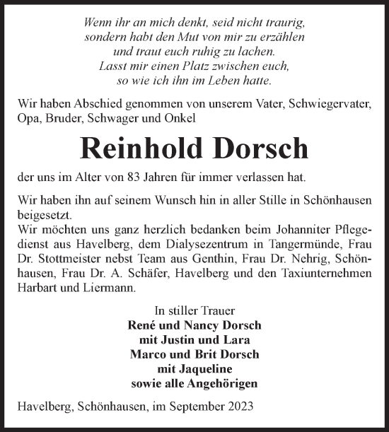 Traueranzeige von Reinhold Dorsch von Volksstimme Altmark Ost