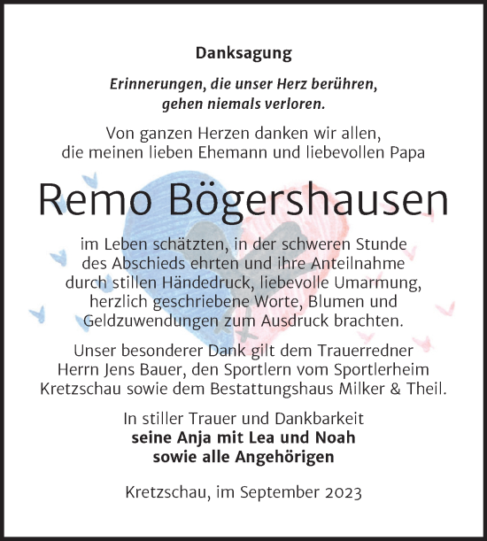 Traueranzeige von Remo Bögershausen von Trauerkombi Zeitz