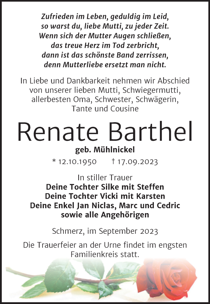  Traueranzeige für Renate Barthel vom 23.09.2023 aus Trauerkombi Bitterfeld