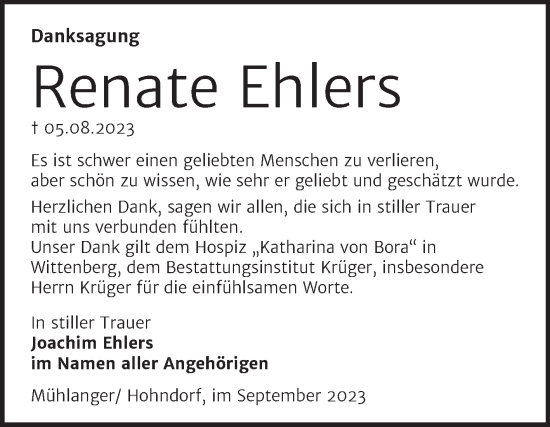 Traueranzeige von Renate Ehlers von Trauerkombi Wittenberg