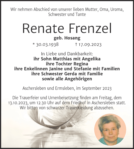 Traueranzeige von Renate Frenzel von Trauerkombi Aschersleben