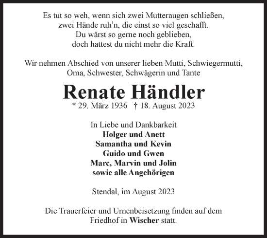 Traueranzeige von Renate Händler von Volksstimme Altmark Ost
