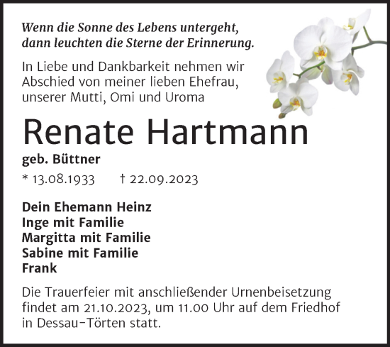 Traueranzeige von Renate Hartmann von Trauerkombi Dessau