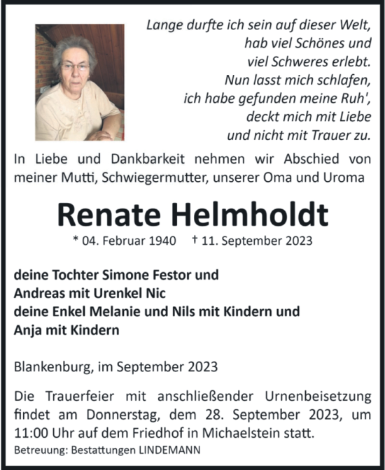 Traueranzeige von Renate Helmholdt von Volksstimme Wernigerode